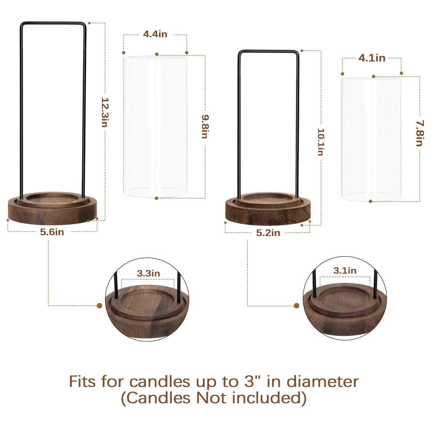 Houmury Farmhouse Candle Holder Decor Boho Glass Hurricane Lantern for Table Centerpieces Set of 2 Decorative Wood Metal Candle Holders for Living Room Dining Patio Home Decoration (Brown)