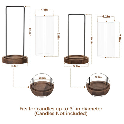 Houmury Farmhouse Candle Holder Decor Boho Glass Hurricane Lantern for Table Centerpieces Set of 2 Decorative Wood Metal Candle Holders for Living Room Dining Patio Home Decoration (Brown)