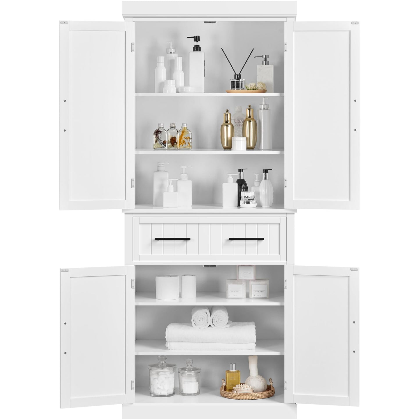 Yaheetech 72.5" Bathroom Floor Cabinet Wooden Storage Organizer with 4 Doors and 1 Drawer, Free-Standing Cupboard for Kitchen/Living Room/Bathroom Use, White