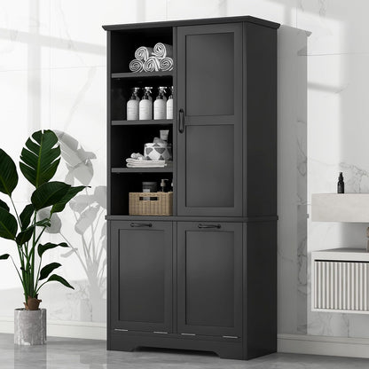 Virubi Tall Laundry Cabinet with 2 Tilt Out Laundry Hamper, Wood Bathroom Storage Cabinet with Doors and Adjustable Shelves Freestanding (Black)
