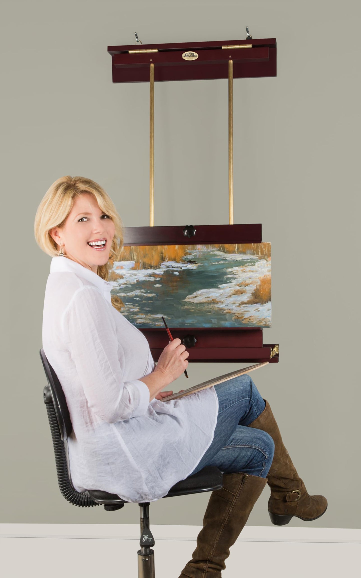 Rue Wall Easel Large - Mahogany Finish & Brass Hardware - 48" Wide Hanging Wall Mountable Display for Art, Adjustable Angle, Holds Canvas Up to 60", Decorative Holder, Easel Lamp Compatible, 38lbs