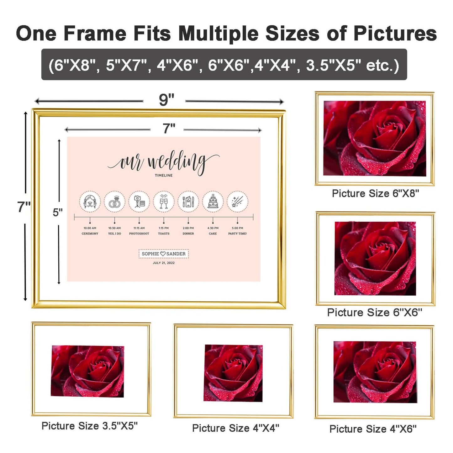 CROXXID 5x7 Floating Picture Frames Set of 2, Made of Metal and Double Real Glass, for Photo Size up to 7x9, Tabletop Display Home or Wedding Decoration (Horizontal Gold)