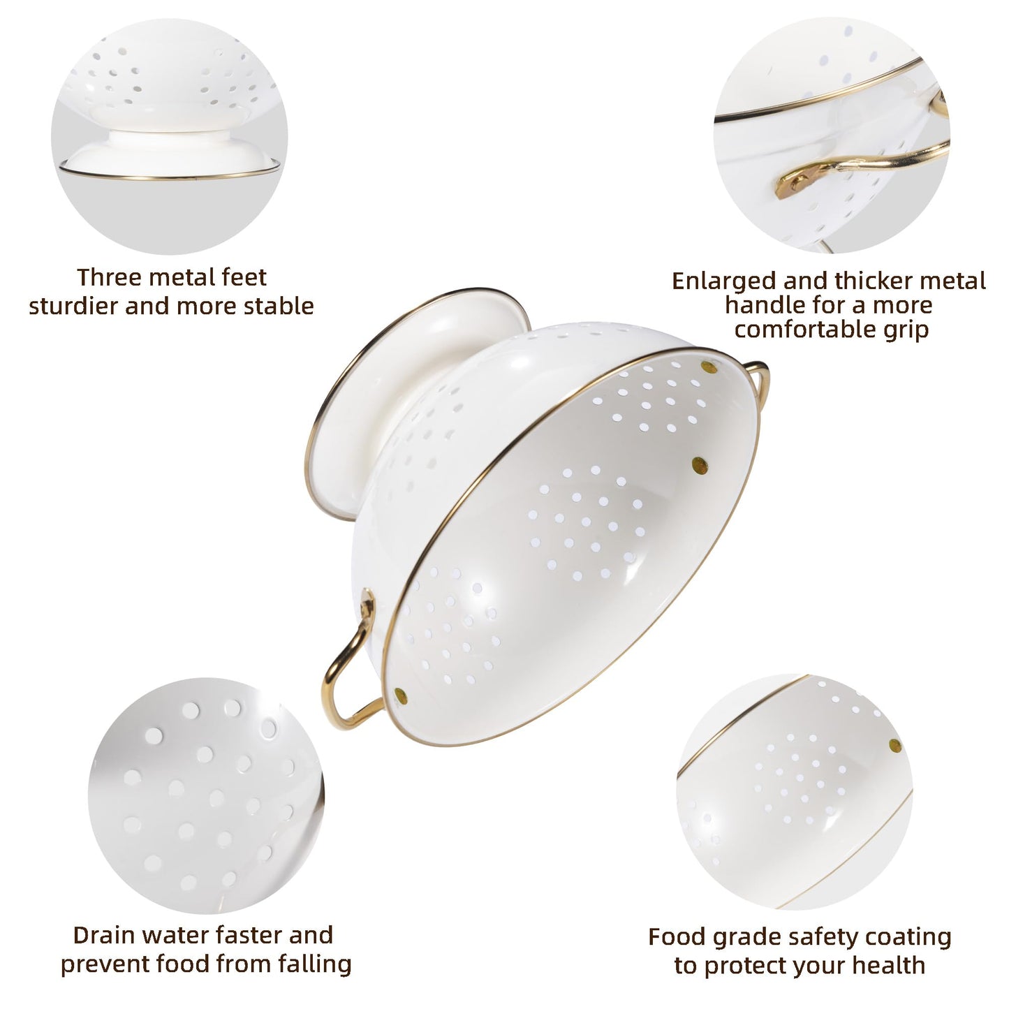 Metal Colander Set of 3, Strainer Basket with Handles perfect for Spaghetti, Pasta, Berry, Vegetable, Fruit, Solid Base Powder Coated Kitchen Essential Strainer Set, 1 & 3.5 & 5 Qt (Cream)