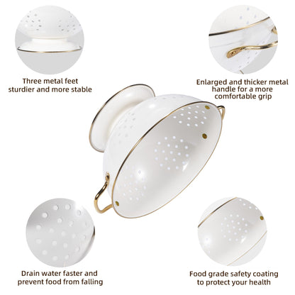 Metal Colander Set of 3, Strainer Basket with Handles perfect for Spaghetti, Pasta, Berry, Vegetable, Fruit, Solid Base Powder Coated Kitchen Essential Strainer Set, 1 & 3.5 & 5 Qt (Cream)