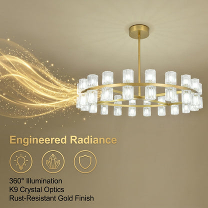 Leadtek 40 Inch Modern Farmhouse Chandelier with K9 Crystal Chandelier Shade, Gold Wagon Wheel Chandelier, for Dining Room Light Fixture, Kitchen Island, Entryway, Foyer, Bedroom Lighting