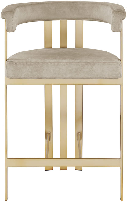 Meridian Furniture 596Stone-C Marcello Collection Modern | Contemporary Velvet Upholstered Counter Height Stool with Brushed Brass Iron Frame, 22.5" W x 20" D x 35.5" H, Stone, Set of 2
