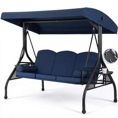 WINVO 2 in 1 Convertible Patio Swing Bed, 3-Seat Outdoor Porch Swing with Adjustable Canopy, Patio Glider Swing for Adult, with Cup Holder and Pillow for Backyard, Blue
