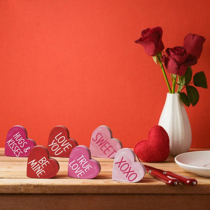 Smile Valentine's Day Heart - Shaped Wooden Block Decor, Be Mine XOXO Sweet & More Love Phrases, Valentine Indoor Decoration