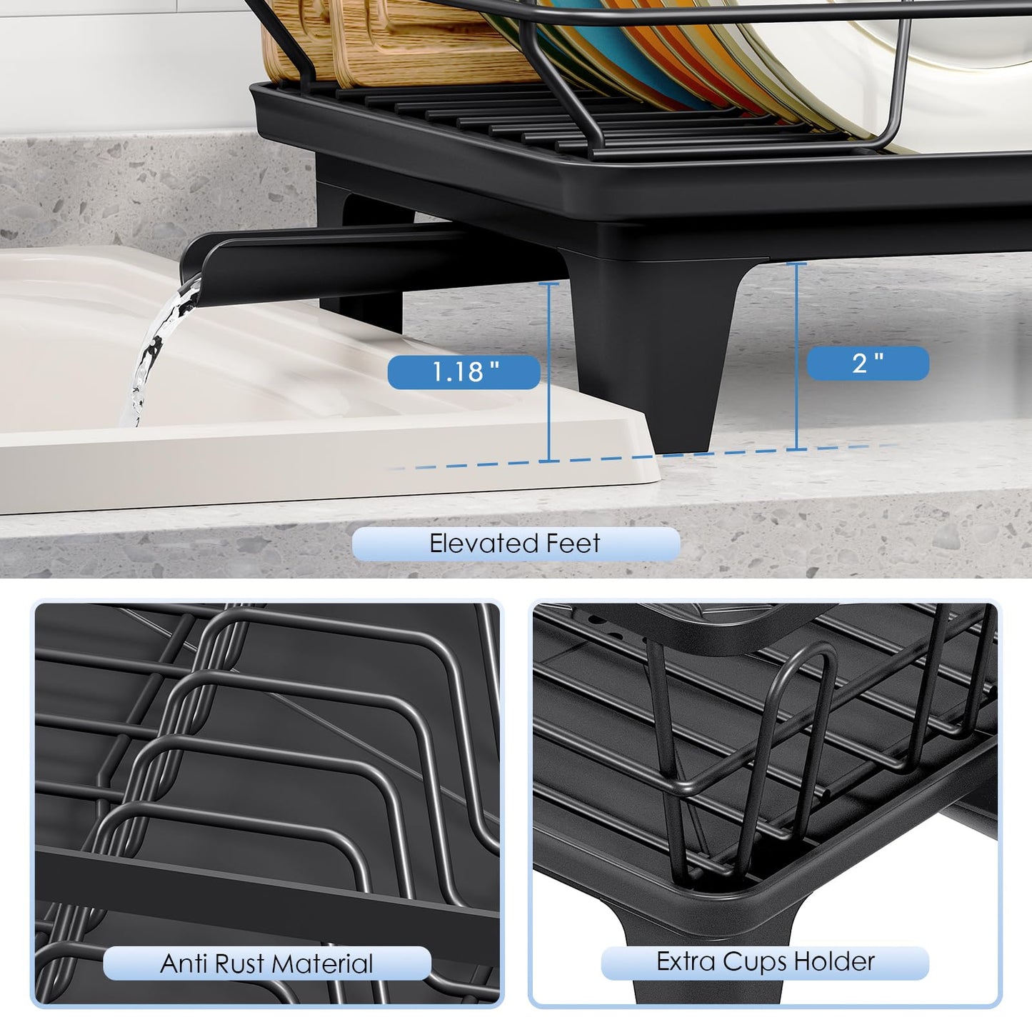 Urackify Dish Drying Rack for Kitchen Counter, Sink Dish Rack with Drainboard 12.2" W x 16.5" L, Large Dish Drainer with Cutlery Holder, Home Countertop Plate Dryer Storage Rack, Black