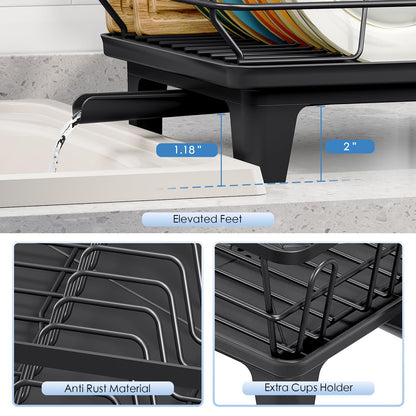 Urackify Dish Drying Rack for Kitchen Counter, Sink Dish Rack with Drainboard 12.2" W x 16.5" L, Large Dish Drainer with Cutlery Holder, Home Countertop Plate Dryer Storage Rack, Black