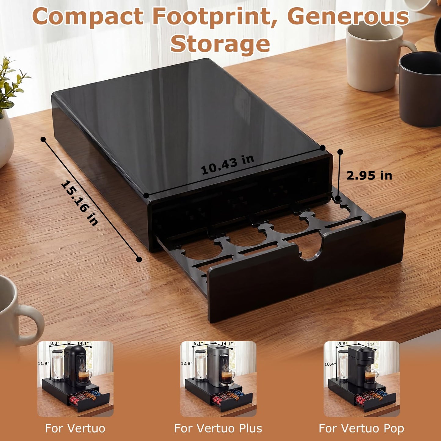 Acrylic Vertuo Pod Holder Drawer for Nespresso Vertuo, Coffee Pod Organizer for 3 Capsule Sizes, Holds 40 Large or Medium Pods / 60 Small Pods, Clear Coffee Pod Storage Drawer,Black