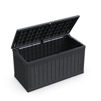 230 Gal Weatherproof Deck Box Large Outdoor Storage Organizer, Double Wall Resin Storage Chest for Patio Furniture, Cushions & Tools, Waterproof, Lockable, Bench Style Table (440lbs Capacity, Black)