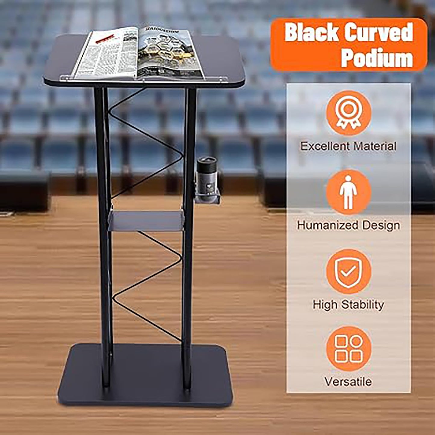 Black Curved Podium Stand - Metal Lectern for Classroom, Stage & Church - Large Pulpit for Speeches, Ceremonies, Celebrations - Professional Presentation Equipment