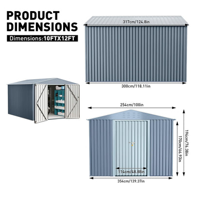 10X12FT Large Metal Outdoor Storage Shed,Galvanized Steel Arden Tool Shed with Lockable Double Doors & Breathable Vent,for Yard Bins/Generator/Wheelbarrow Garden Storage