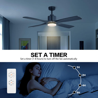 WINGBO 54 Inch DC Ceiling Fan with Lights and Remote Control, 4 Carved Solid Wood Blades, 6-Speed Noiseless Reversible DC Motor, Modern Ceiling Fan in Matte Black Finish with Black Blades