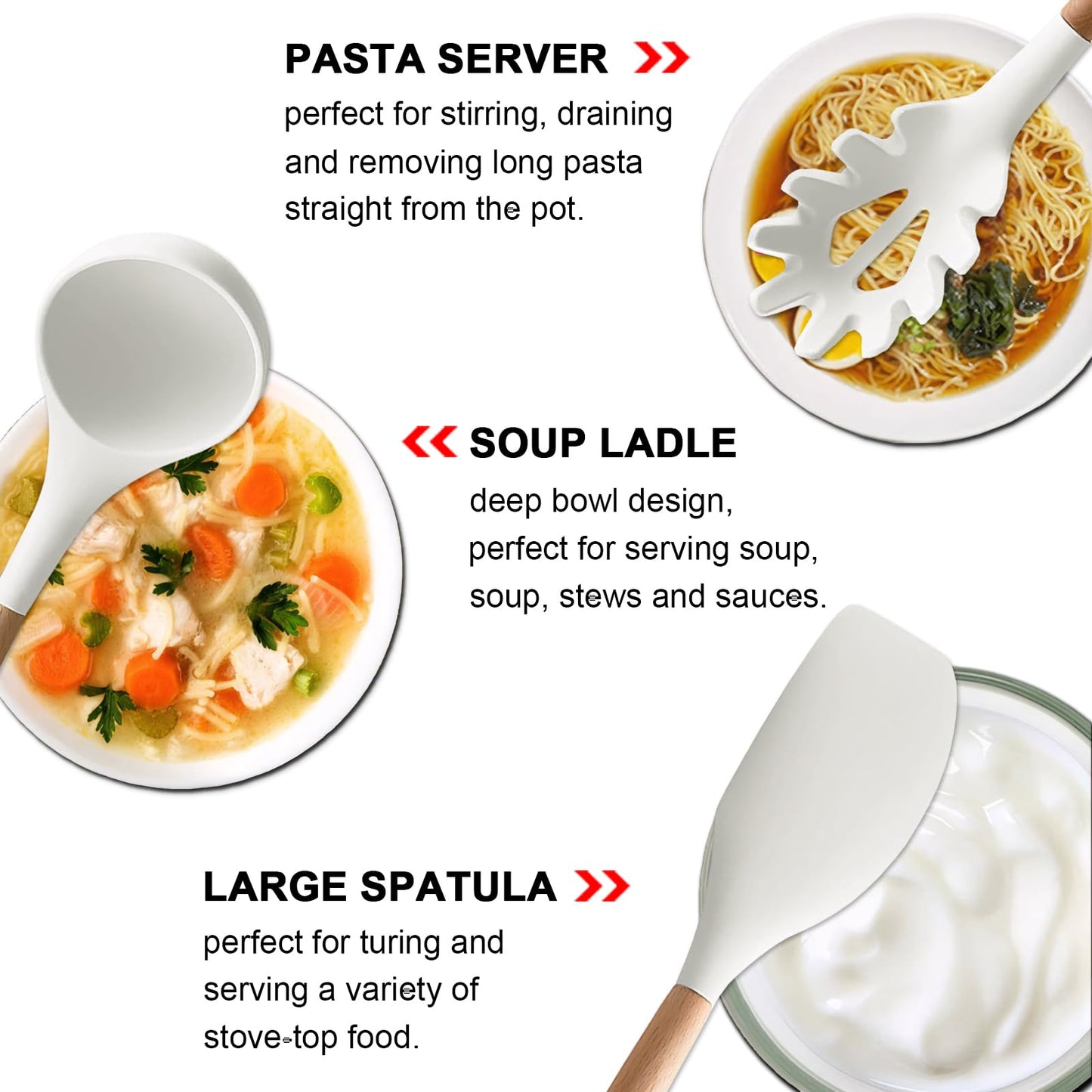 IOCBYHZ Kitchen Cooking Utensils Set 6Pcs Non-Stick Silicone Kitchen Utensils Spatula Spoon Turner Ladle Pasta Server, Heat Resistant Wooden Handle Silicone Cooking Gadgets Sets for Cookware & Baking