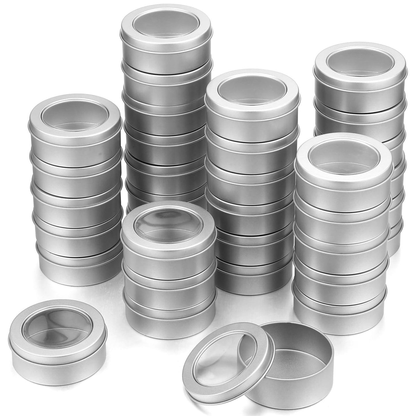 TecUnite 24 Pack 2 Ounce Metal Tin Cans Round Empty Container Salve Tins with Clear Lid for Kitchen, Office, Candles, Candies