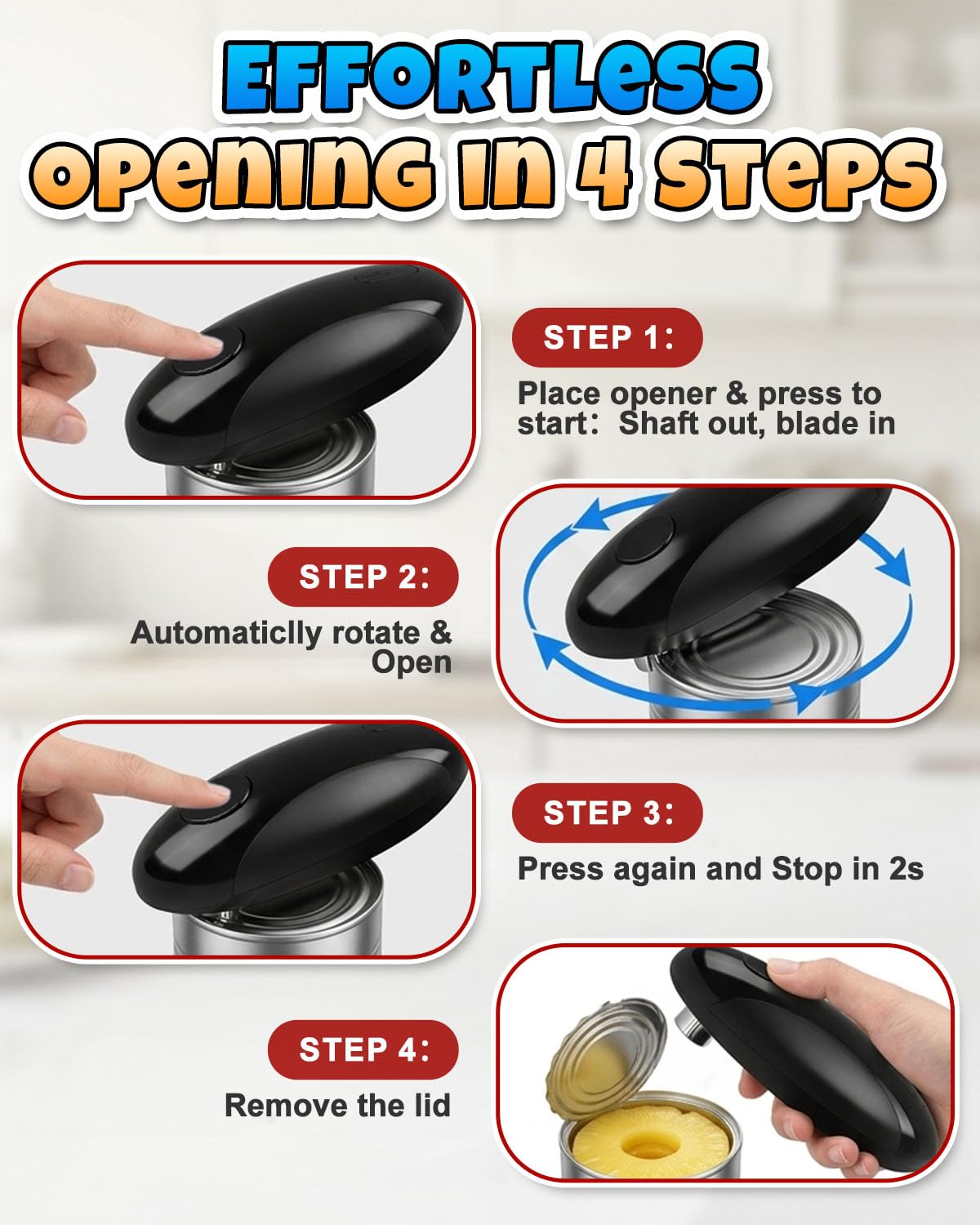Electric Can Opener, One-Touch Hands Free Can Opener, Side-Cut Can Opener, Safety Smooth Edge, Rechargeable Cordless Can Opener Fits Most Cans, Great for Seniors & Arthritis