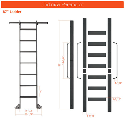 DIYHD 87" Lightweight Sliding Library Ladder with Handrail, Rolling Bookshelf Ladder with 4FT Rail System, Telescopic Top Hook, Upright Space-Saving Storage Design,7 Steps, 300 Pound Capacity, Black