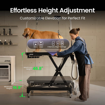 JirPet Dog Grooming Table for Large Dogs, Electric Lift with Memory Function, 46″ Professional Grooming Table with Strong Stability, Power Outlet, Grooming Light, and Wheels for Easy Mobility