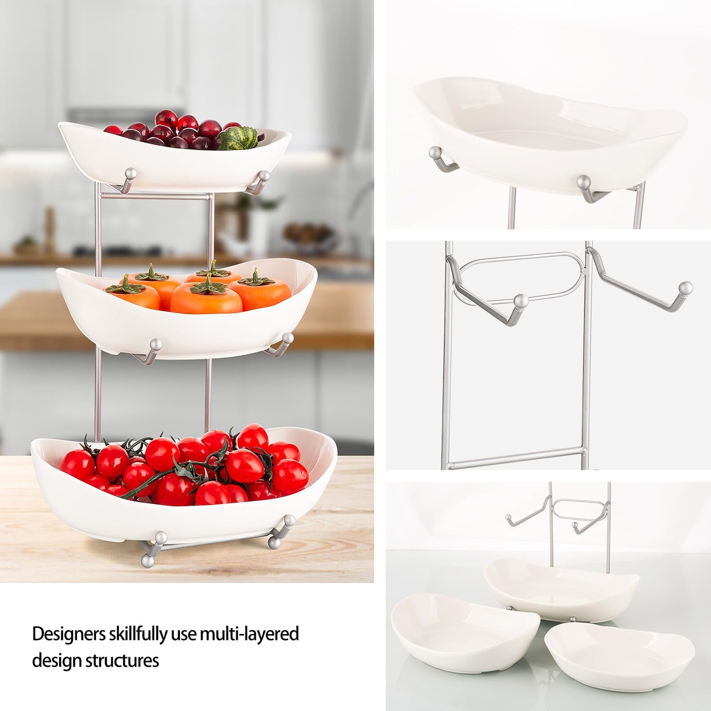 MEIGLQEA 3 Tier Fruit Basket for Kitchen Counter, Silver/White Ceramic Fruit Bowl for Countertop, Home Fruit Rack with Holder, Vegetable Bowl Snacks Nuts Bread Candy Storage (White)
