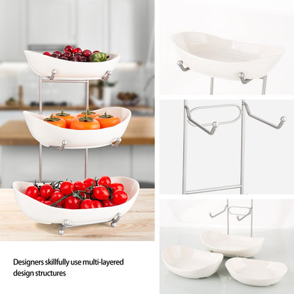 MEIGLQEA 3 Tier Fruit Basket for Kitchen Counter, Silver/White Ceramic Fruit Bowl for Countertop, Home Fruit Rack with Holder, Vegetable Bowl Snacks Nuts Bread Candy Storage (White)