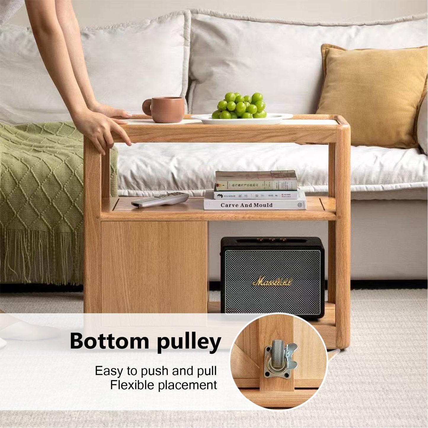 YingjiaLife Couch Side Table,with Scroll Wheels Mobile Dining Side Table,Narrow Bedside Table with Storage Function （Oak Color, 26.77" Dx 11.81" W x 23.23" H for Living Room Bedroom,Restauran Use