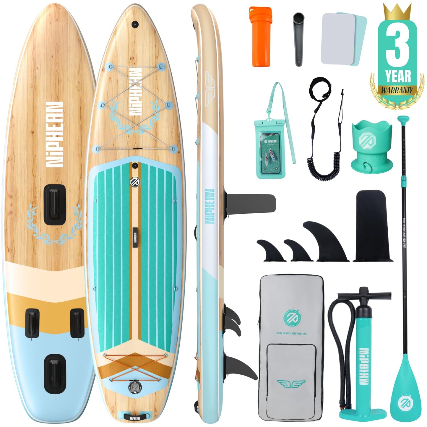 Niphean (Extra Large) Inflatable Paddle Board, SUP for 2+1 People/Family 500lbs Capacity Stand Up Paddle Board with SUP Accessories, StabilTrac Fin Non-Slip Paddleboard for Adults-Mint
