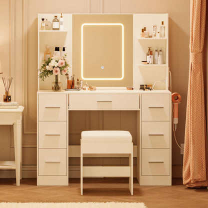 GarveeLife 7-Drawer Vanity Desk with Lights and Mirror – White Makeup Vanity Set with Power Outlets & USB, 3 Color LED Modes & Dimmable, Includes Hair Dryer Holder & Cushioned Stool for Bedroom, White