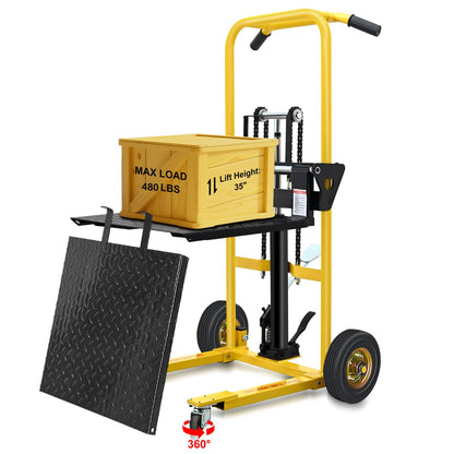 Hydraulic Material Lift, Pallet Jack Table Cart- 480-Lb. Capacity, 35in Lift. with Swivel Wheels, Steel Platform Board (03 Yellow, 480 LB)