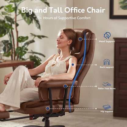 JULYMON Executive Office Chair Big and Tall 500LBS, 165° Reclining Heavy Duty Office Chair with Footrest & Quiet Rubber Wheels, Height Adjustable, Soft Strong Padded Arms, Brown