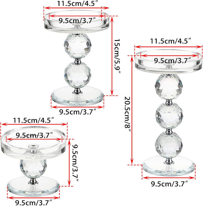 OwnMy Crystal Glass Pillar Candlestick Holders - Set of 3 Modern Tealight Votive Stands for Weddings & Home Decor