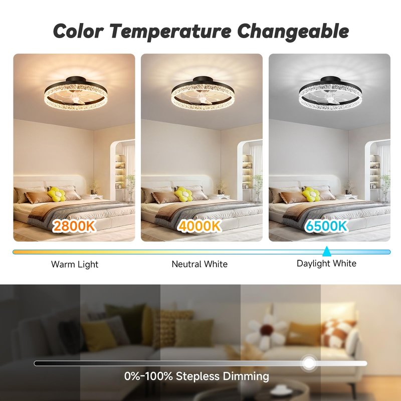 FOLKSMATE Ceiling Fan with Light and Remote, Low Profile Flush Mount Crystal Fandelier, Modern 6 Speeds Quiet Reversible, 2800-6500K Dimmable LED, Timer Fan Light for Bedroom Living Room Kitchen