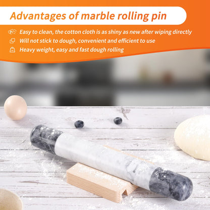 Tianman French Marble Rolling Pin.12 Inchs Marble Rolling Pin for Baking With Wooden Base Holder Stand-Non-Stick Baking Roller for Baking Fondant, Pizza,Cookies,Crust,Pasta(Black-White-Blakc)
