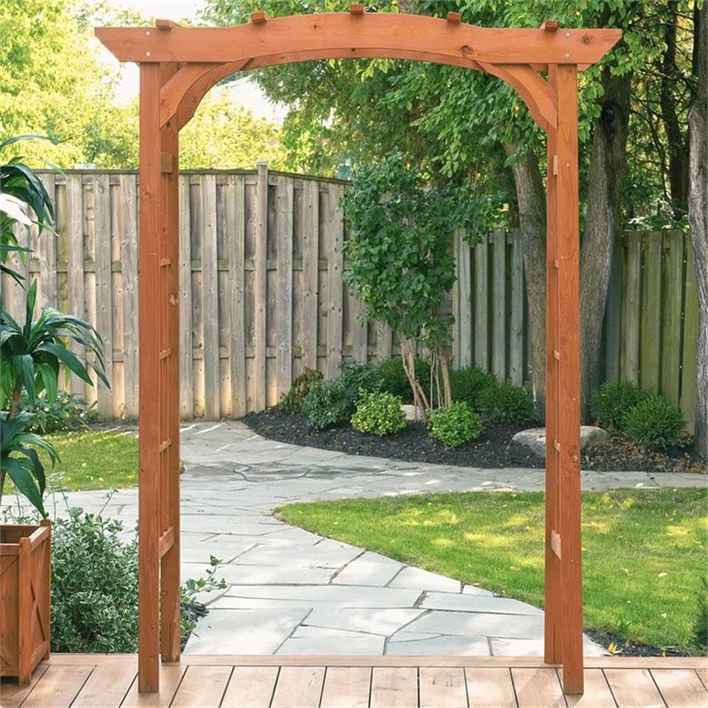 Pemberly Row Wood Lattice Design Arbor, Medium Brown Finish, 80" H x 60" W x 24" D, Durable Wooden Construction with Protective Coating, Garden Entryway or Decorative Outdoor Centerpiece for Climbing