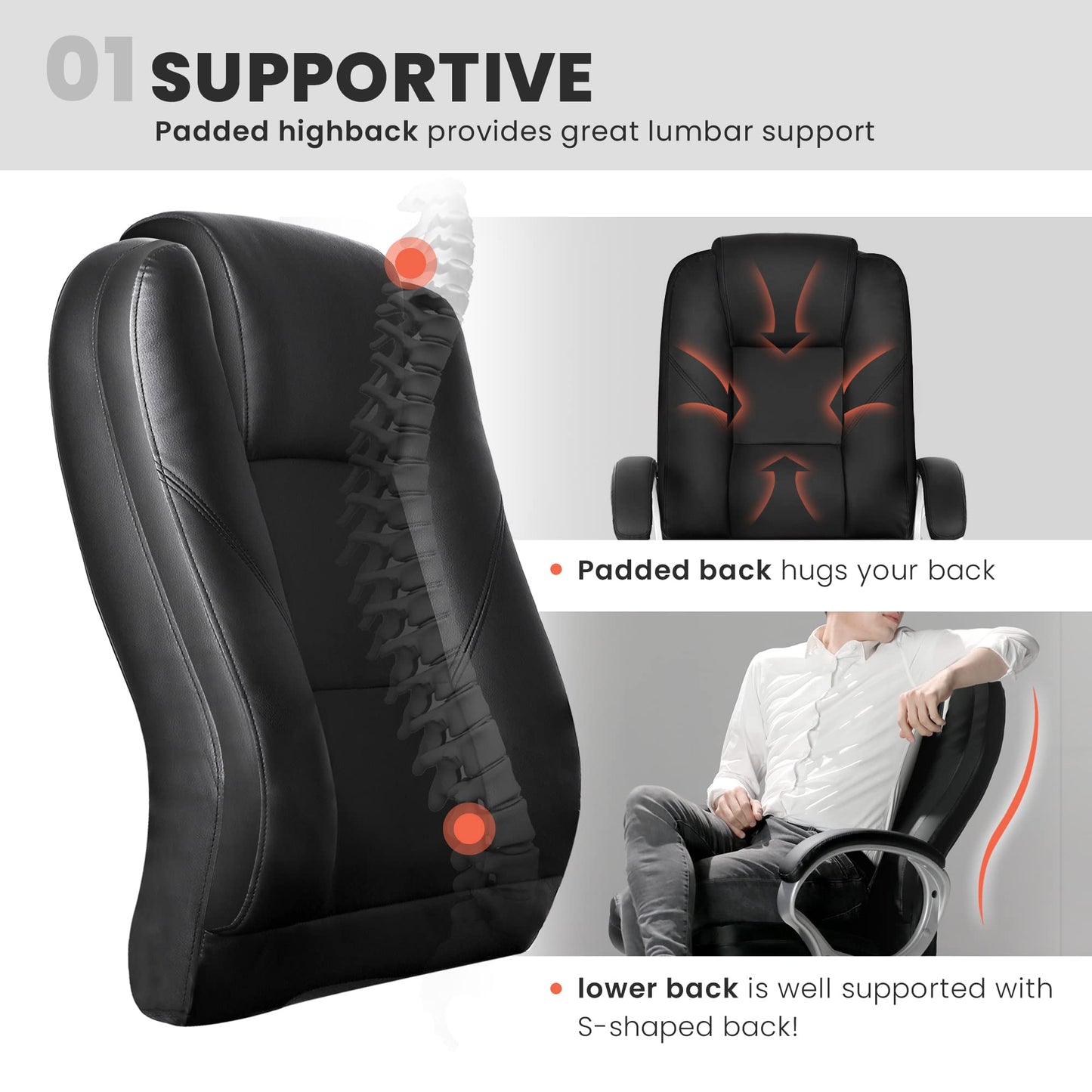 NEO CHAIR Office Desk Ergonomic Gaming Chair High Back Adjustable Computer Chair with Wheels and Lumbar Support Comfy Leather Executive Swivel (Jet Black)