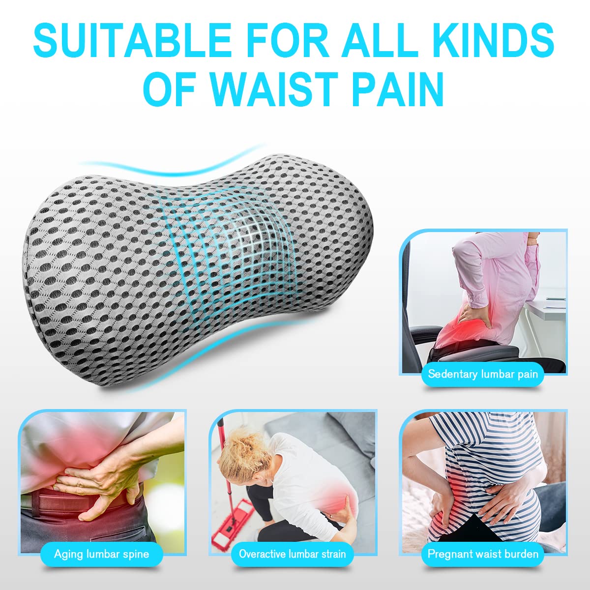 Lumbar Support Pillow - Memory Foam for Low Back Pain Relief, Ergonomic Streamline Car Seat, Office Chair, Recliner and Bed (Upgrade Gray)