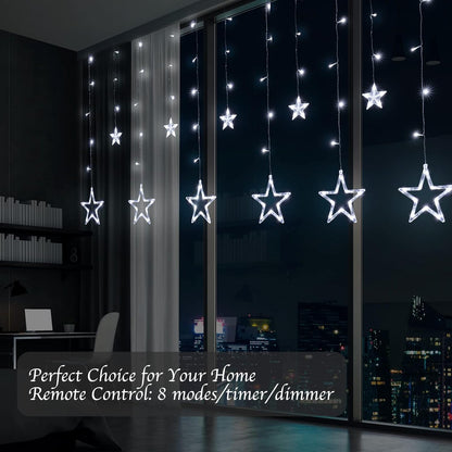 Star Curtain Lights for Bedroom - 9ft Plug-in 138 LED Fairy Twinkle Lights with Remote & 12 Star Drops