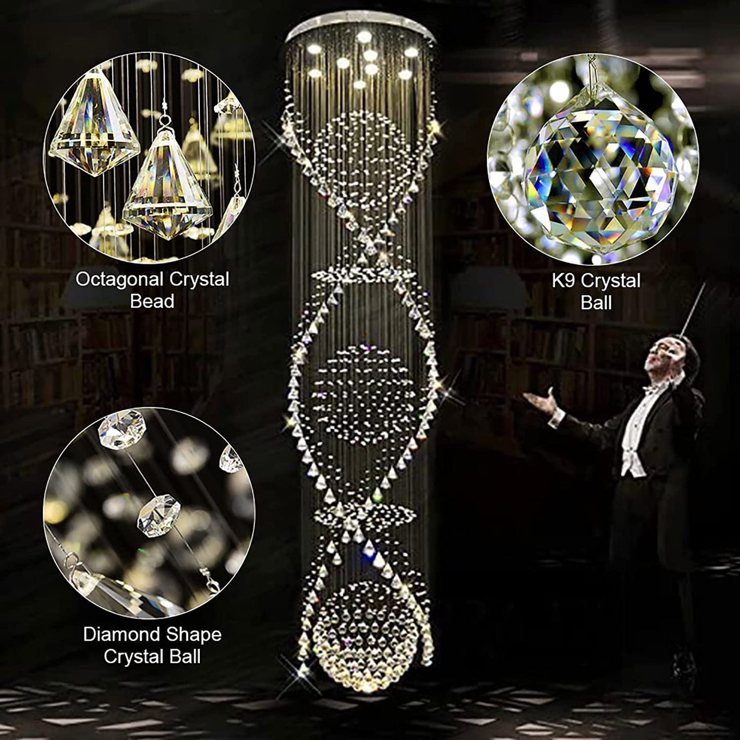 7PM Chandelier for Staircase, Crystal Foyer Chandelier High Ceiling, Modern Raindrop Chandeliers Flush Mount Ceiling Light Fixture for Spiral Staircase, Foyer, Entryway, High Ceiling W25.6 X H 98.4"