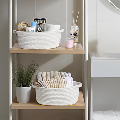 Skiennix 2-Pack Small Woven Baskets - Decorative Cotton Rope Storage Bins with Handles | 12"x8"x5", White