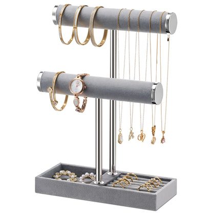 bussdis 2 Tier Bracelet Holder Display - Detachable T Bar Grey Velvet Bracelet Holder, Jewelry Holder Organizer for Bracelet, Necklace, Earrings, Rings