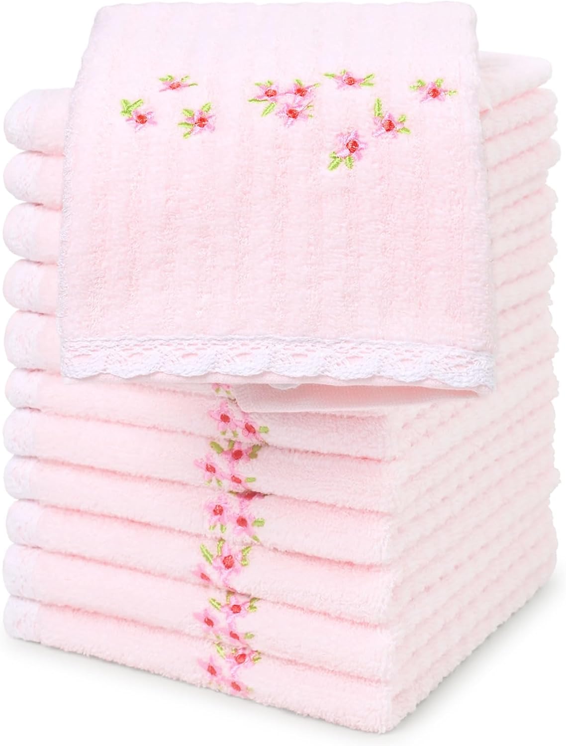 12 Pack 13 13" Jacquotha Pink Washcloths (Floral Embroidered), Soft Wash Cloths for Face, Body, Showering, Spa