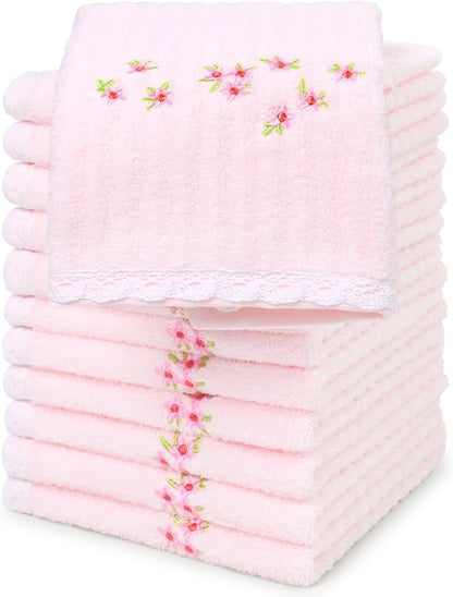 12 Pack 13 13" Jacquotha Pink Washcloths (Floral Embroidered), Soft Wash Cloths for Face, Body, Showering, Spa