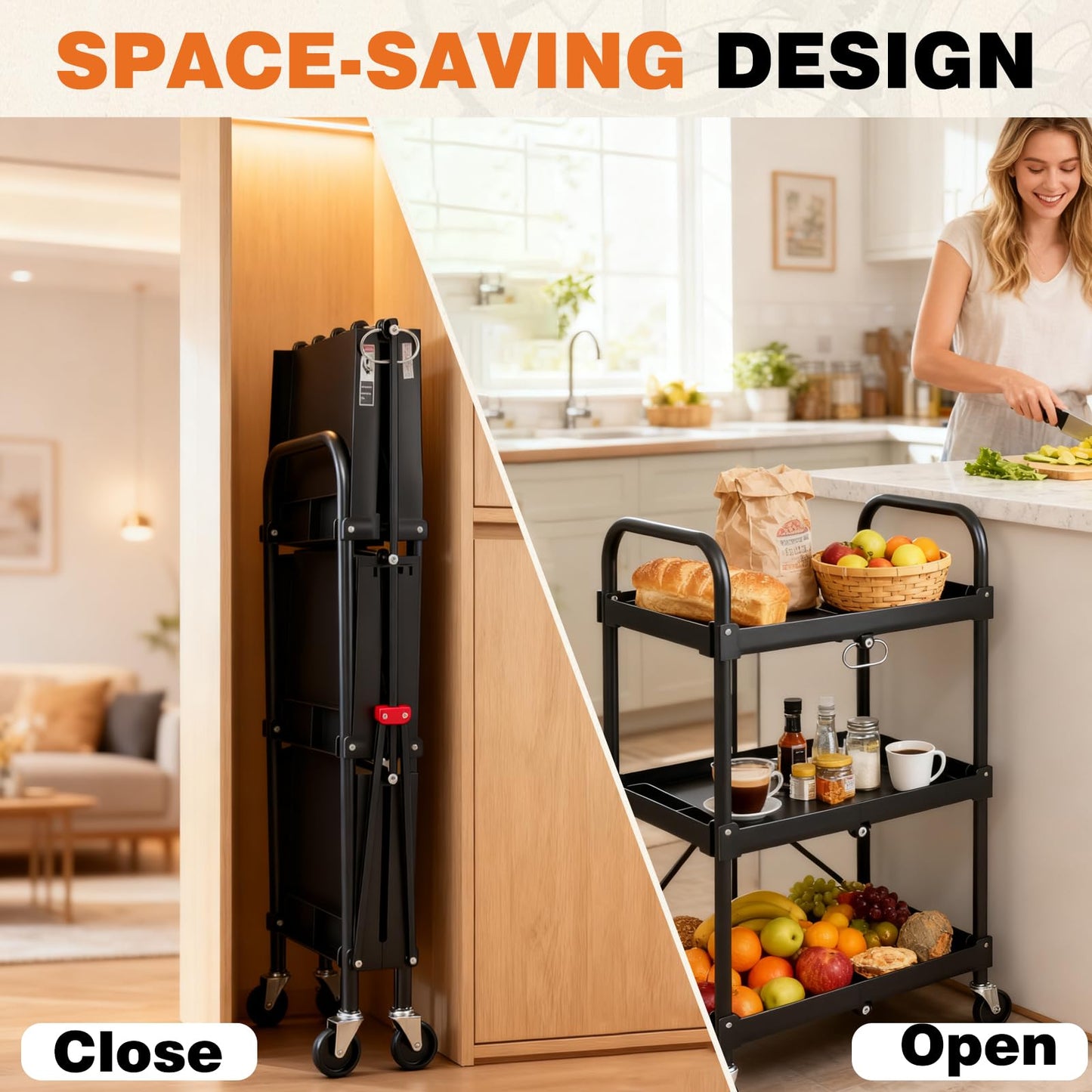 DUMOS 3-Tier Folding Utility Cart Set of 2, Collapsible Service Cart with 4 Swivel Wheels and Brakes, 120LBS Capacity & Collapsible Storage Rolling Cart for Kitchen, Office, Garden, Garage, Pure Black