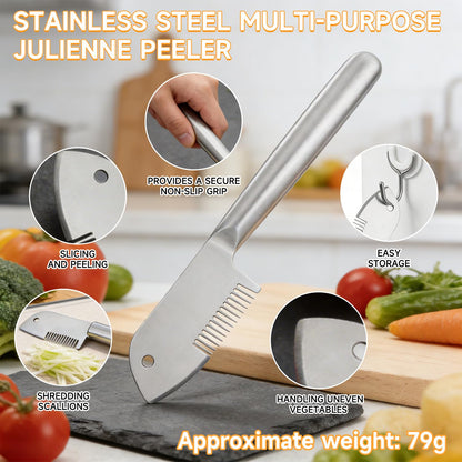 Stainless Steel Multi-Purpose Julienne Peeler, handheld peeler shredder, quick vegetable slicer for kitchen. Comfortable handle and hanging holes, suitable for fruits, vegetables, and herbs. (1)