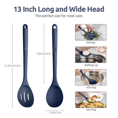 600ºF Heat Resistant Silicone Spoons: U-Taste 13.3in Solid & Slotted Kitchen Cooking Spoon, Nonstick Long Rubber Utensil, Sturdy for Mixing, Serving, Stirring, Draining (Midnight Blue, 2PCS)
