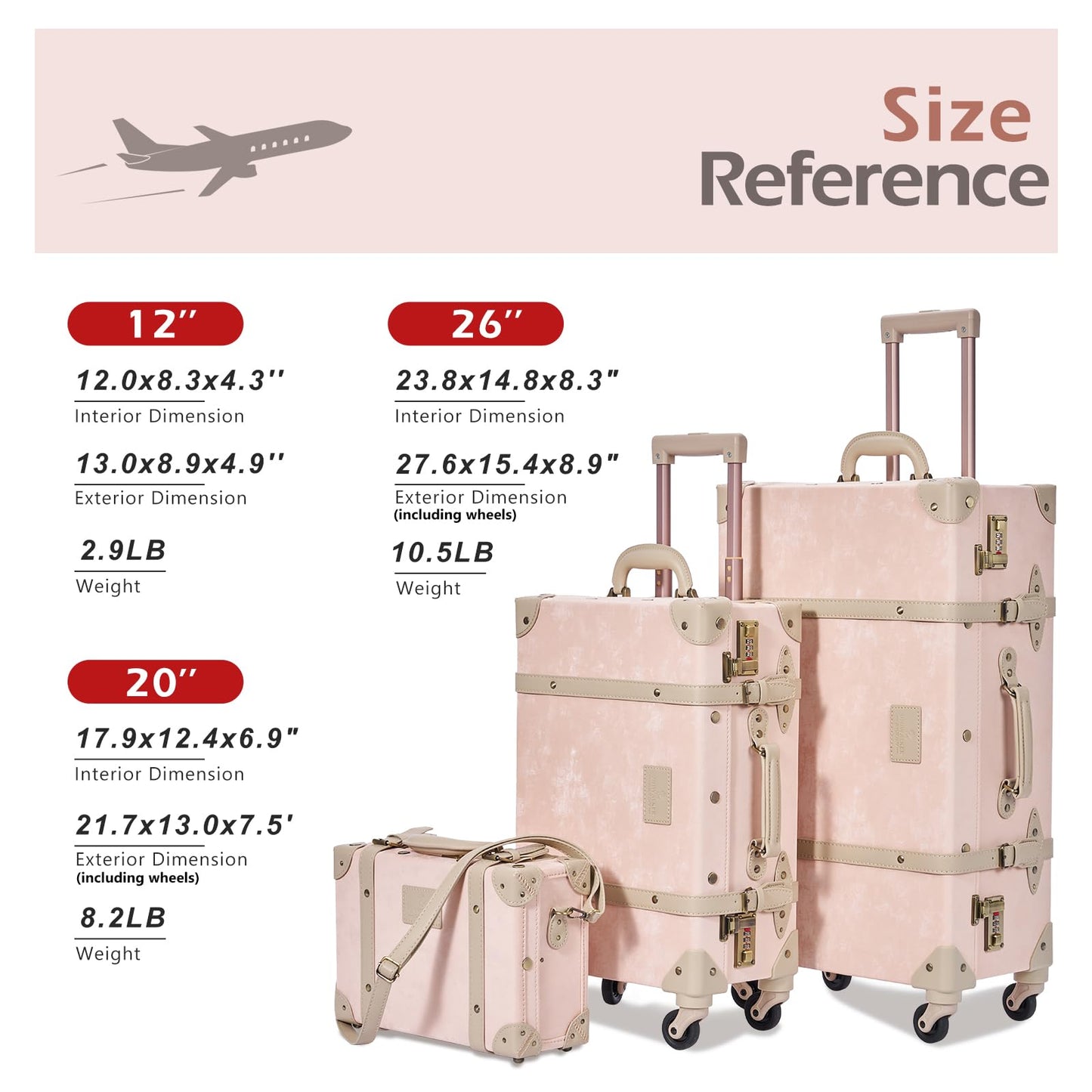 UNIWALKER Vintage Leather Suitcase Set of 2, Retro Trunk Style Spinner Luggage with Cosmetic Train Bag for Women(Velvet Pink, 26''+12'')