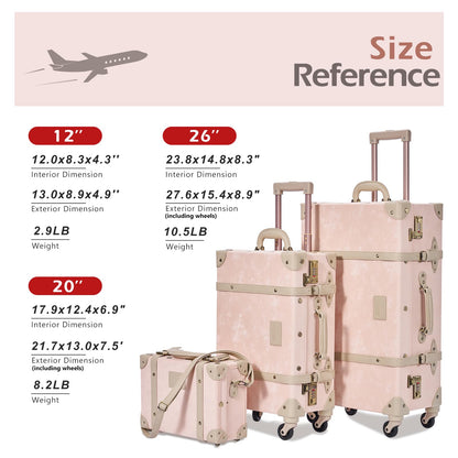 UNIWALKER Vintage Leather Suitcase Set of 2, Retro Trunk Style Spinner Luggage with Cosmetic Train Bag for Women(Velvet Pink, 26''+12'')