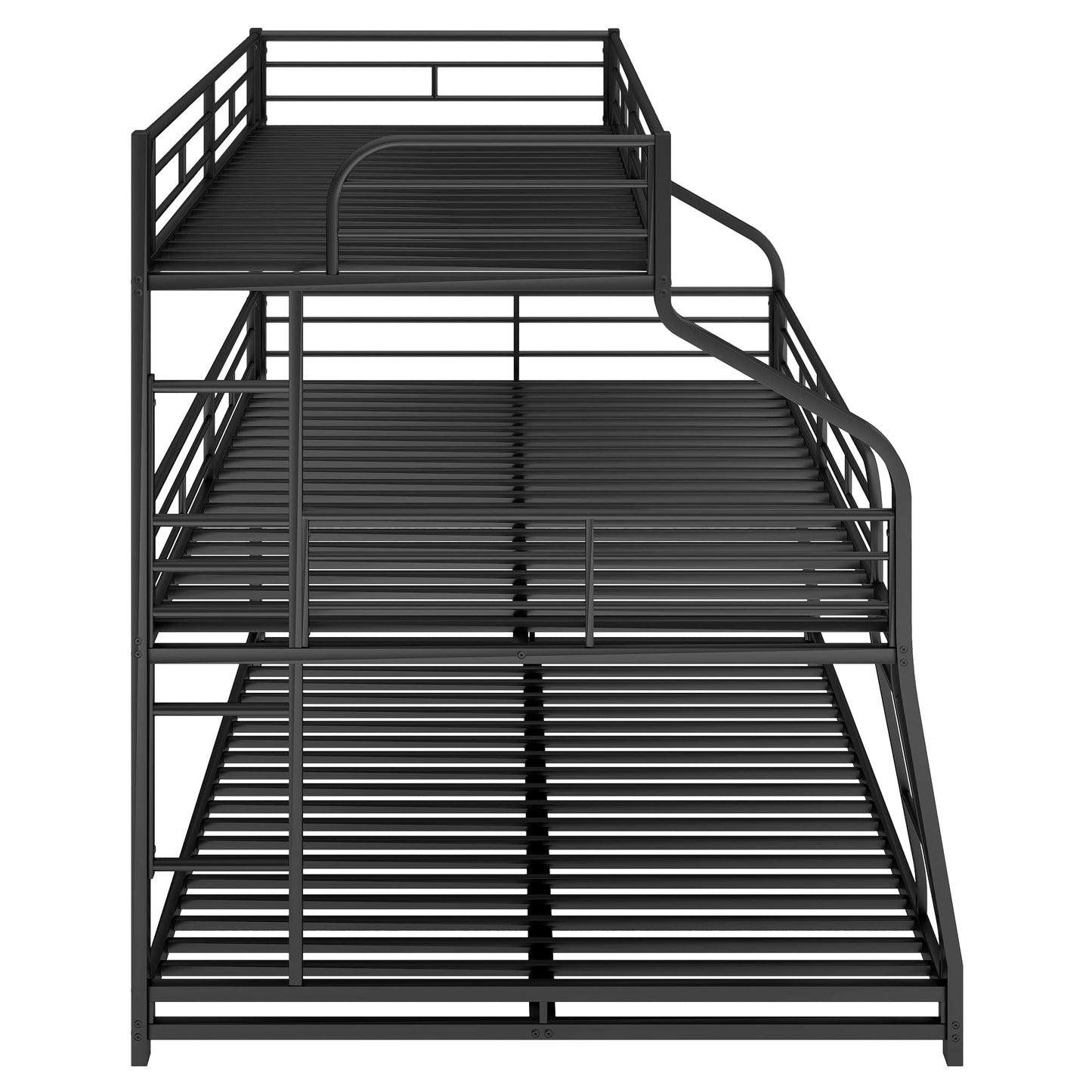 Bellemave Heavy Duty Triple Bunk Bed for Multiple Kids,Twin XL Over Full XL Over Queen Size Triple Bunk Bed with Long and Short Ladder for 3 Kids,Unique Curved Metal Frame,Black