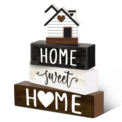 Cinnvoice 4 Pcs Woodhouse Wooden Block Decor Farmhouse Tiered Tray Signs Home Sweet Home Tabletop Centerpiece for Kitchen Shelf Decoration Housewarming Gifts